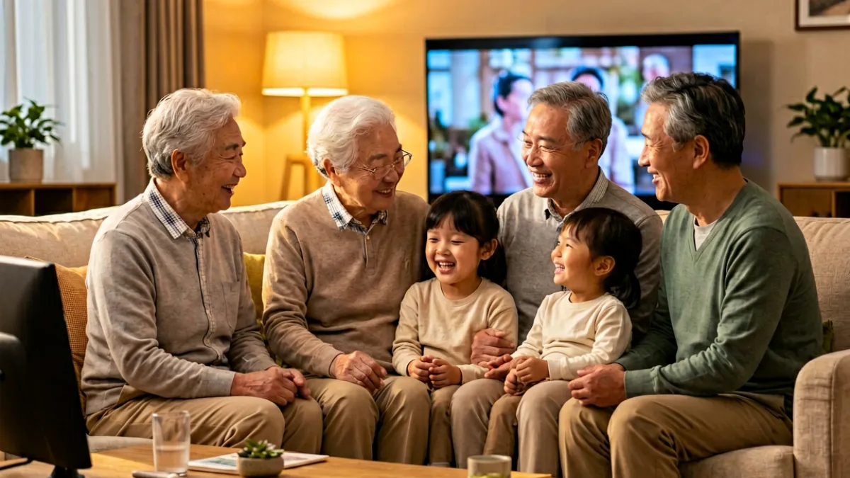 久远的观影场景中，不同年龄的观众在客厅里围坐观看电视，屏幕上显示着精彩的影视画面，氛围温馨惬意