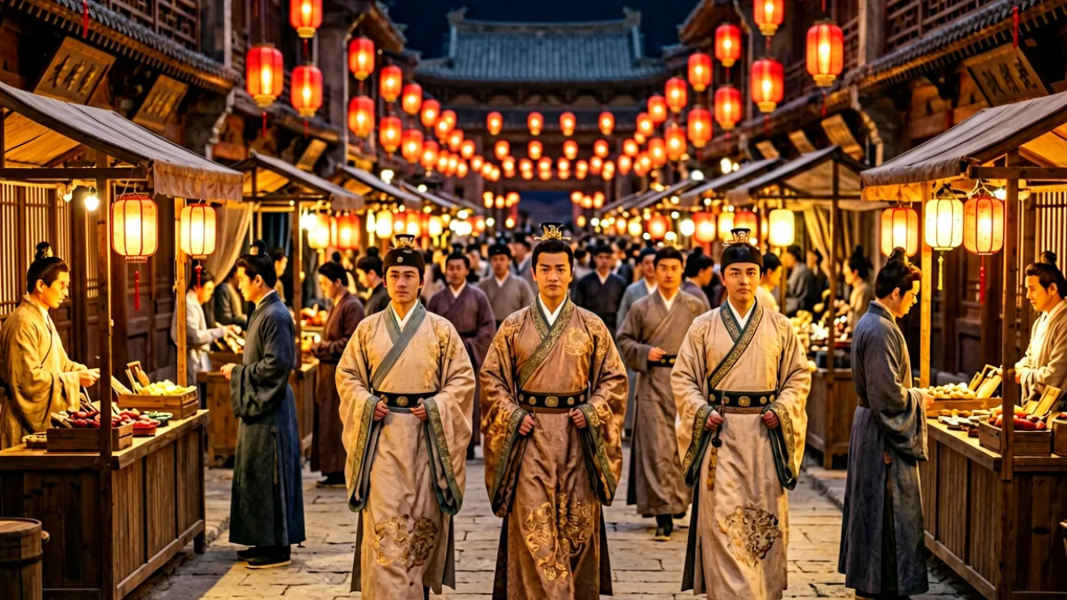 古风市井街景，身穿唐装的演员们在灯火辉煌的街道上行走，呈现出盛唐时期的繁华景象
