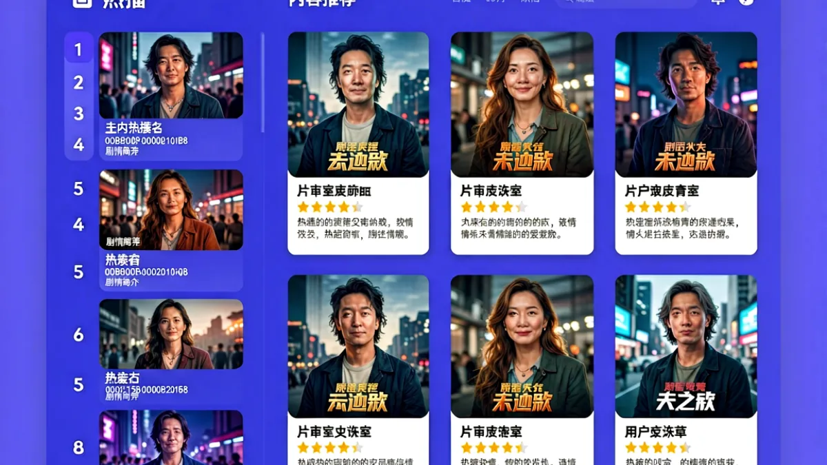 久久视频内容推荐页面的截图，左侧展示当前热播榜单，右侧为详细的内容卡片，每张卡片包含封面图、标题、评分和简短剧情描述，界面以蓝紫色调为主